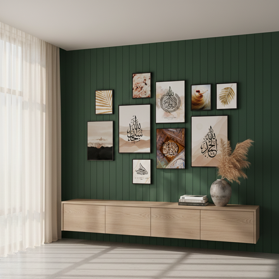 10Pcs Islamic Calligraphy Photo Tiles – 10 Piece Set with Double Tape, Small 5x7 & Large 8x11 Frames